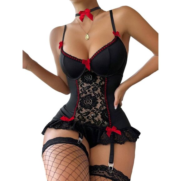 Sexy Floral Lace Garter Belt Babydoll Corset Push Up Black Red #2 Lingerie Set - Picture 4 of 7